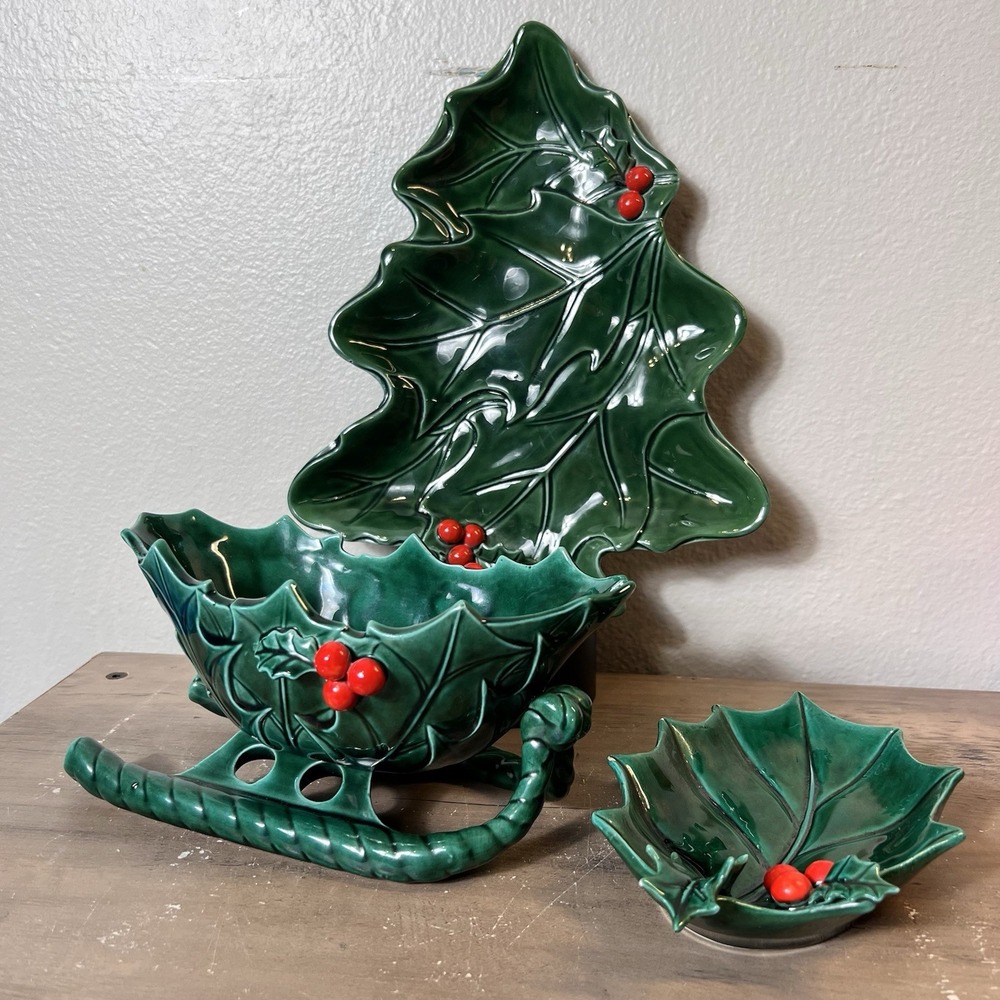 Lefton Holly Sleigh Tree Centerpiece Set Christmas Ceramic 1971–72 Vintage READ